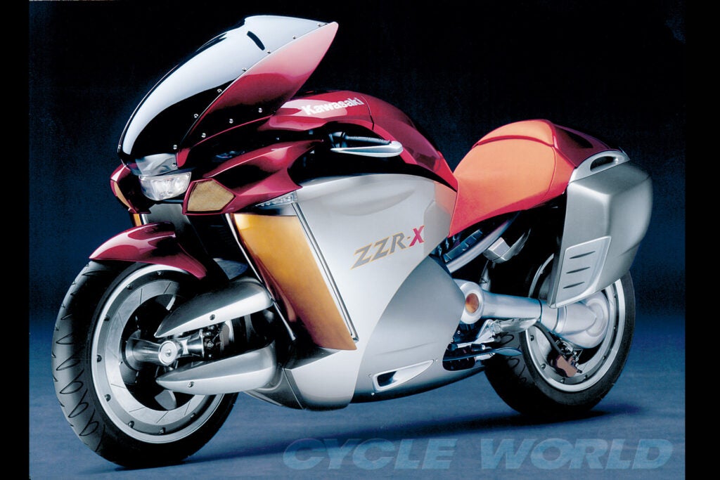 Kawasaki got in the center-hub & adjustable-ergonomics game with its sleek 2004 ZZR-X concept.