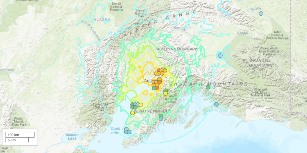 a map of southern Alaska showing the center of the earthquake