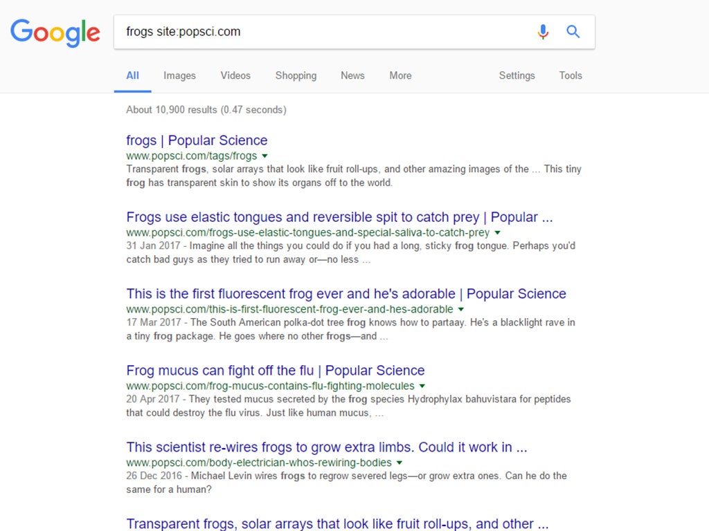 a screenshot of a Google search results page for articles about frogs on Popular Science's website, popsci.com