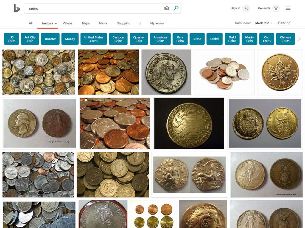 Microsoft Bing search browser for gold coins