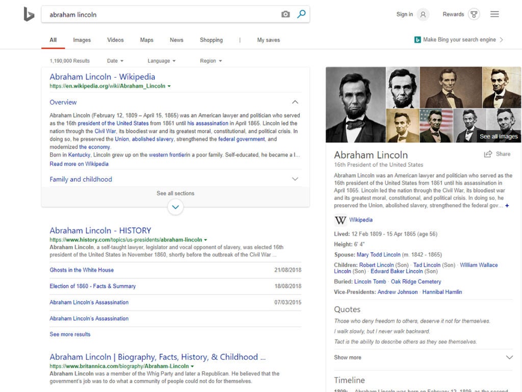 Microsoft Bing search browser for Abraham Lincoln