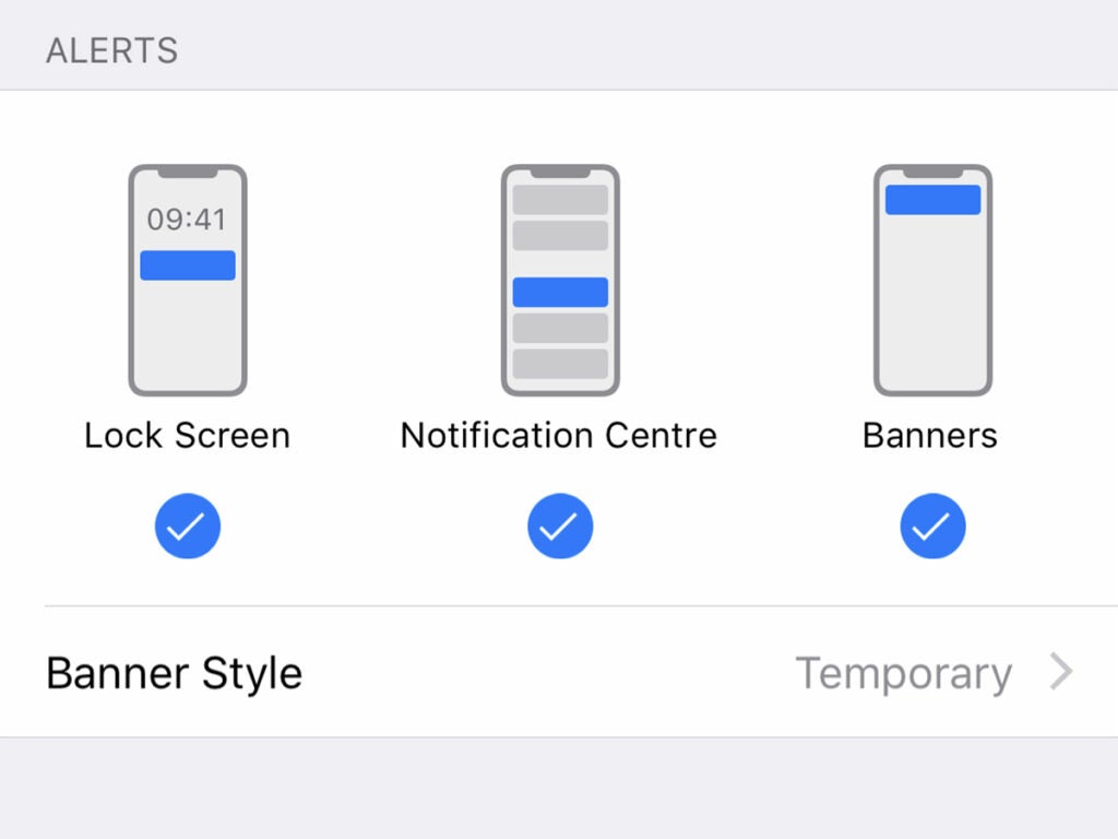 The notification settings on iOS.