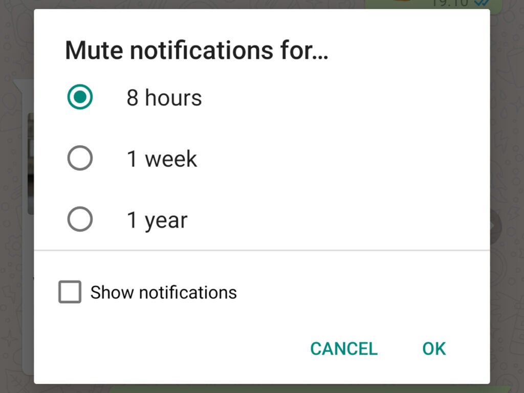 The options for muting notifications on WhatsApp app for Android, including 8 hours, 1 week, and 1 year.