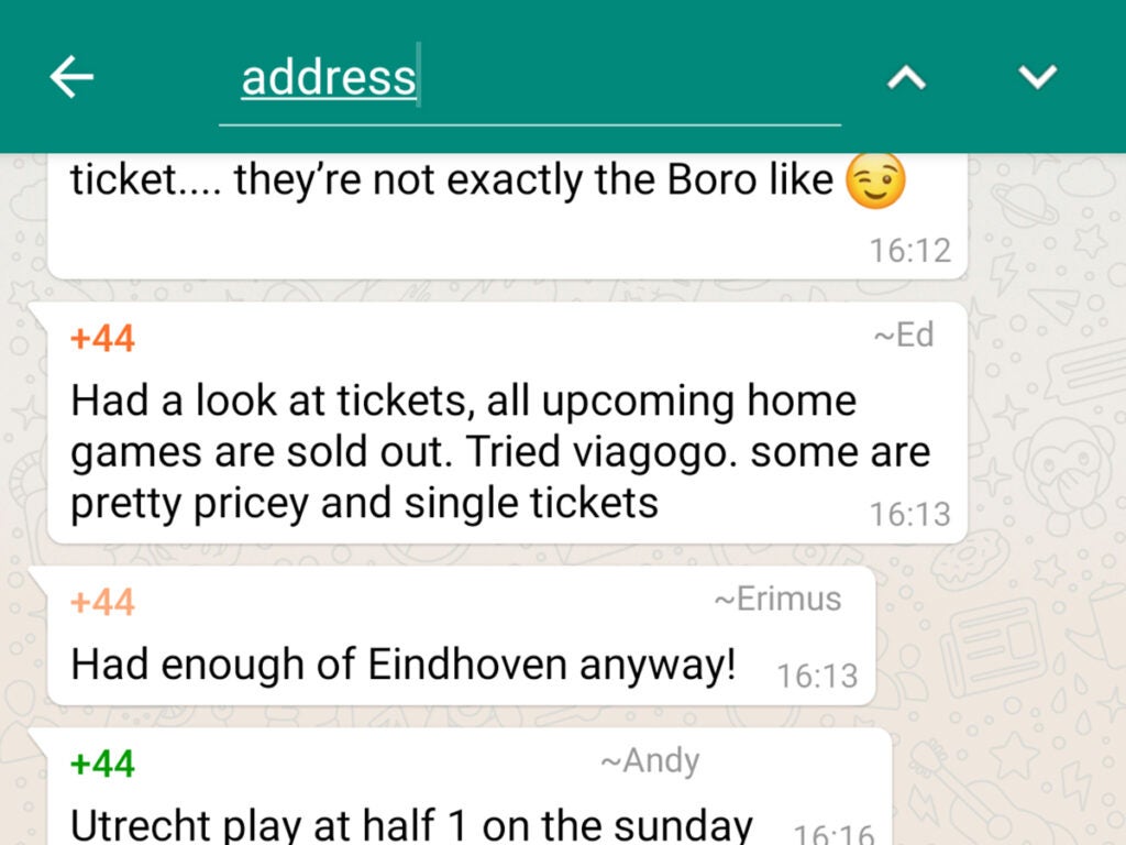 Using the search tool inside WhatsApp app for Android to look for "address."