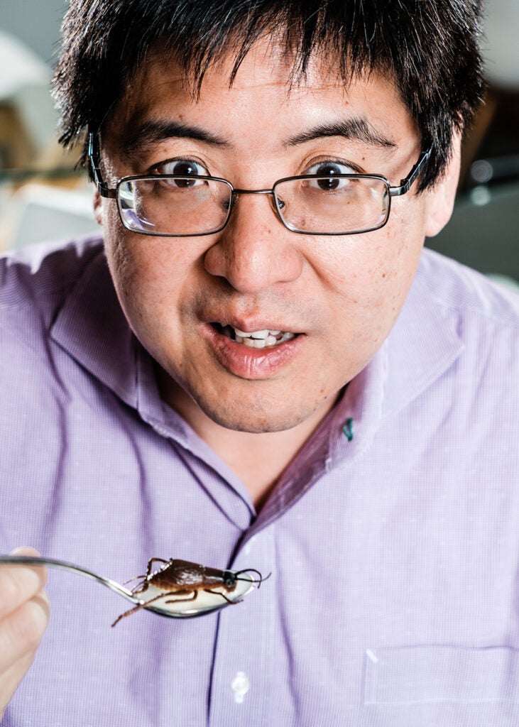 Sam wang with spoonful of insect