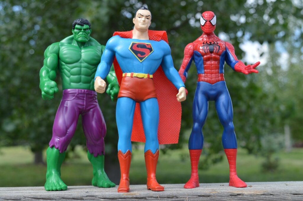 Superheroes the Incredible Hulk, Superman and Spider-Man.
