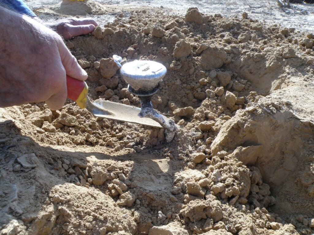 Researchers dig out a metal cast of a burrow made by a scorpion in the Negev desert in Israel.
