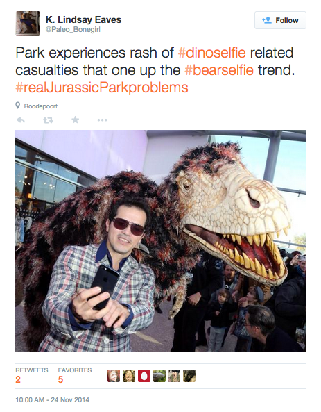 Tweet: Park experiences rash of #dinoselfie related casualties that one up the #bearselfie trend. #realJurassicParkproblems