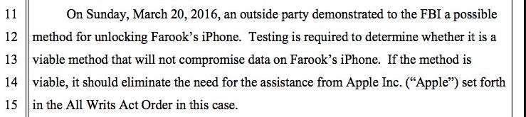 Text from the FBI's motion to postpone the iPhone hearings.