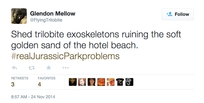 Tweet: Shed trilobite exoskeletons ruining the soft golden sand of the hotel beach. #realJurassicParkproblems
