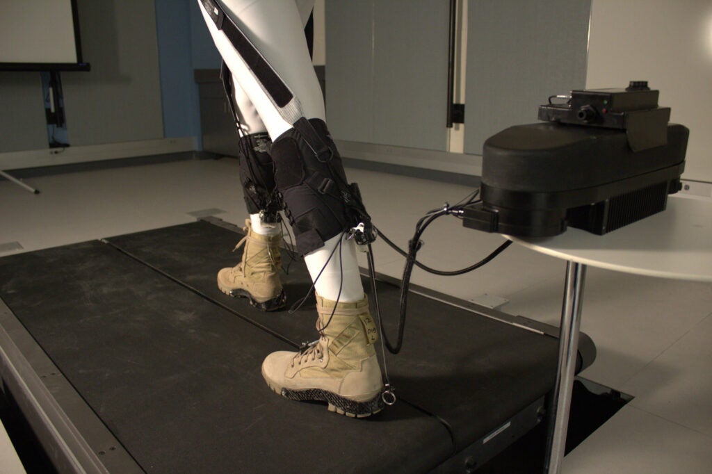 robotic ankle controlled by a motor and attached to spandex straps