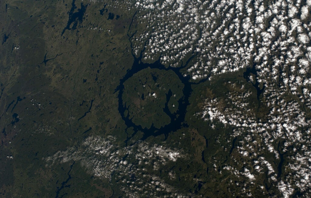 Manicouagan crater, as photographed by a member of the International Space Station Expedition 17.