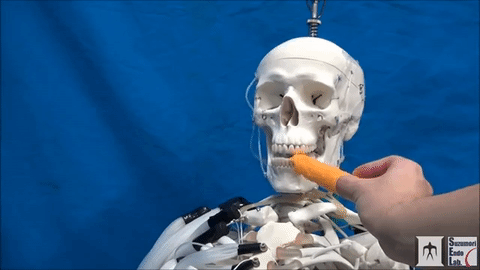 Robot eats what looks like a Mac n' Cheetos