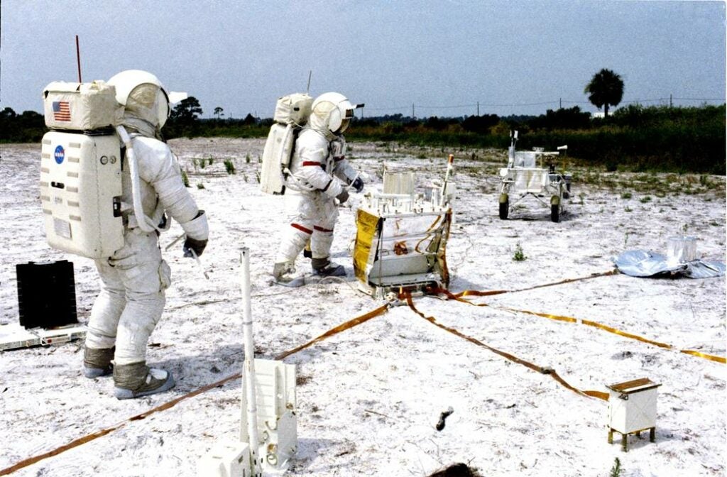 Apollo 14 astronauts practising deploying an ALSEP