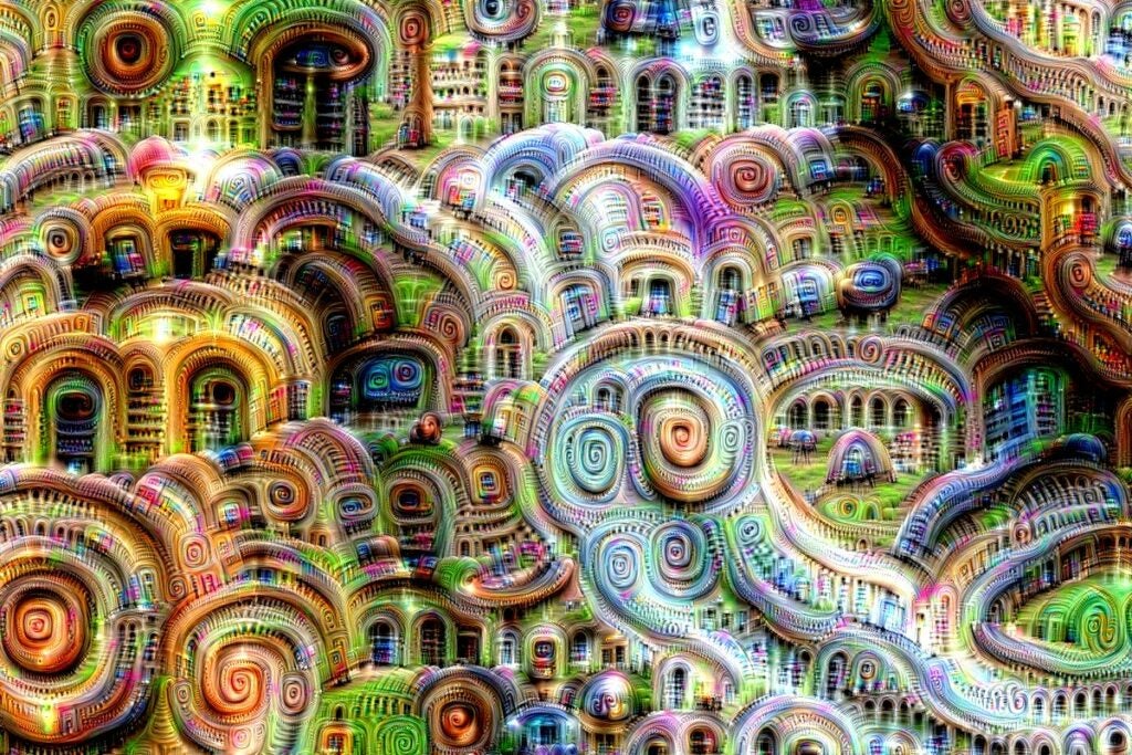 The produce of an artificial neural network being asked to amplify and pull patterns out of white noise.