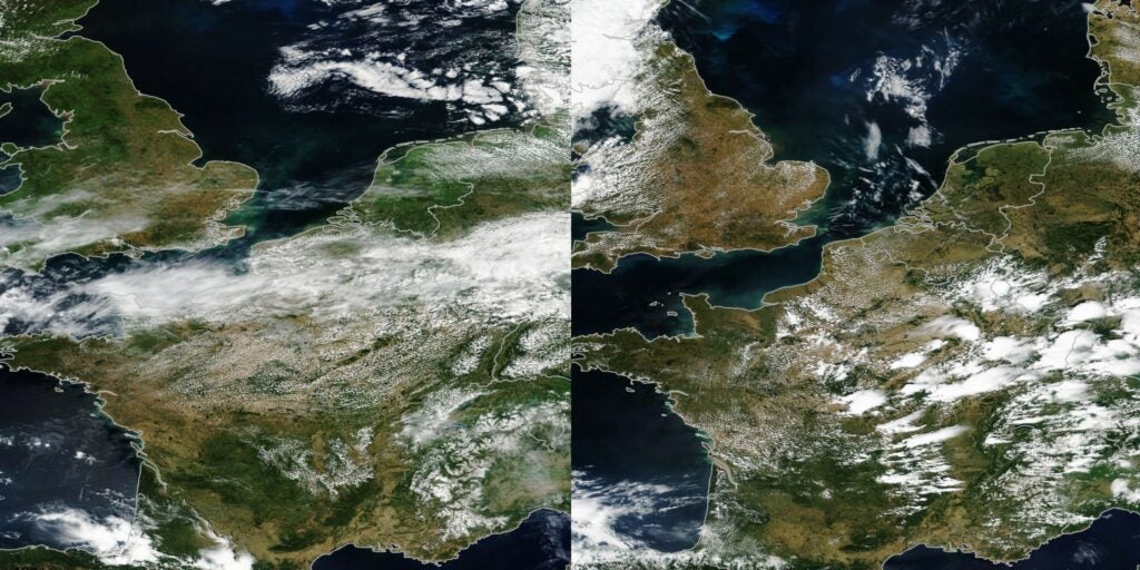 The United Kingdom, France, Belgium, the Netherlands and Germany in July, 2017 (left) and July, 2018 (right), during a heat wave and dry spell that turned landscapes brown.