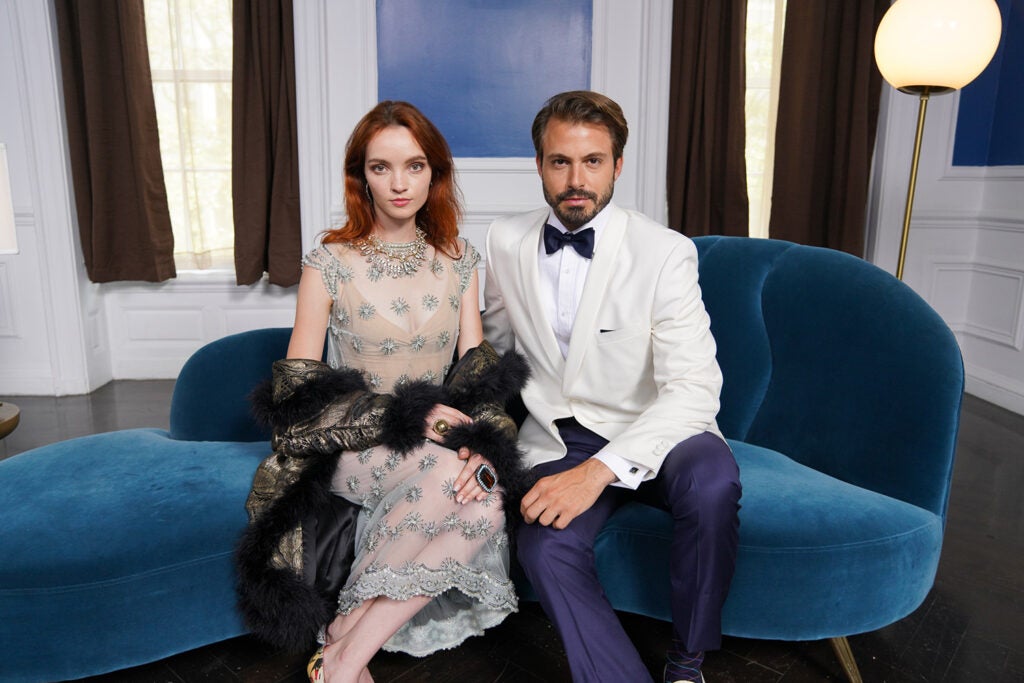portrait of dressed up couple on couch