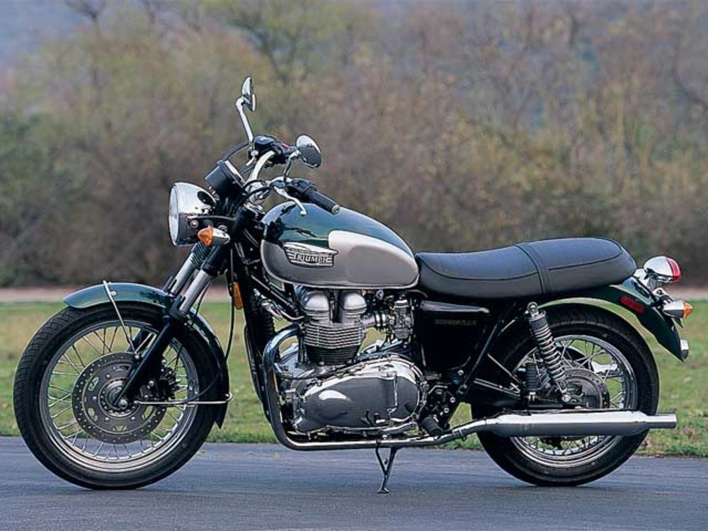 A Triumph Bonneville embodies classic styling with modern refinements including fuel injection.