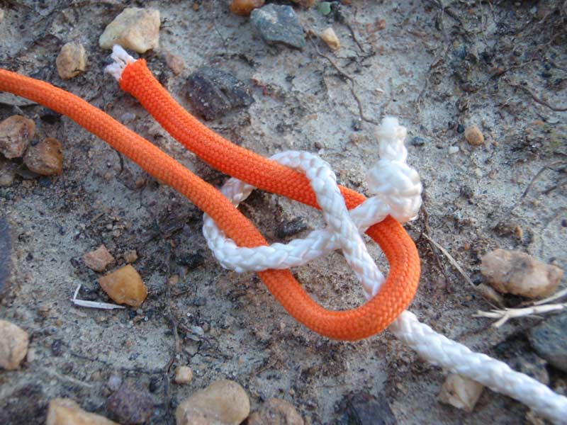 sheet bend knot with white and orange cord