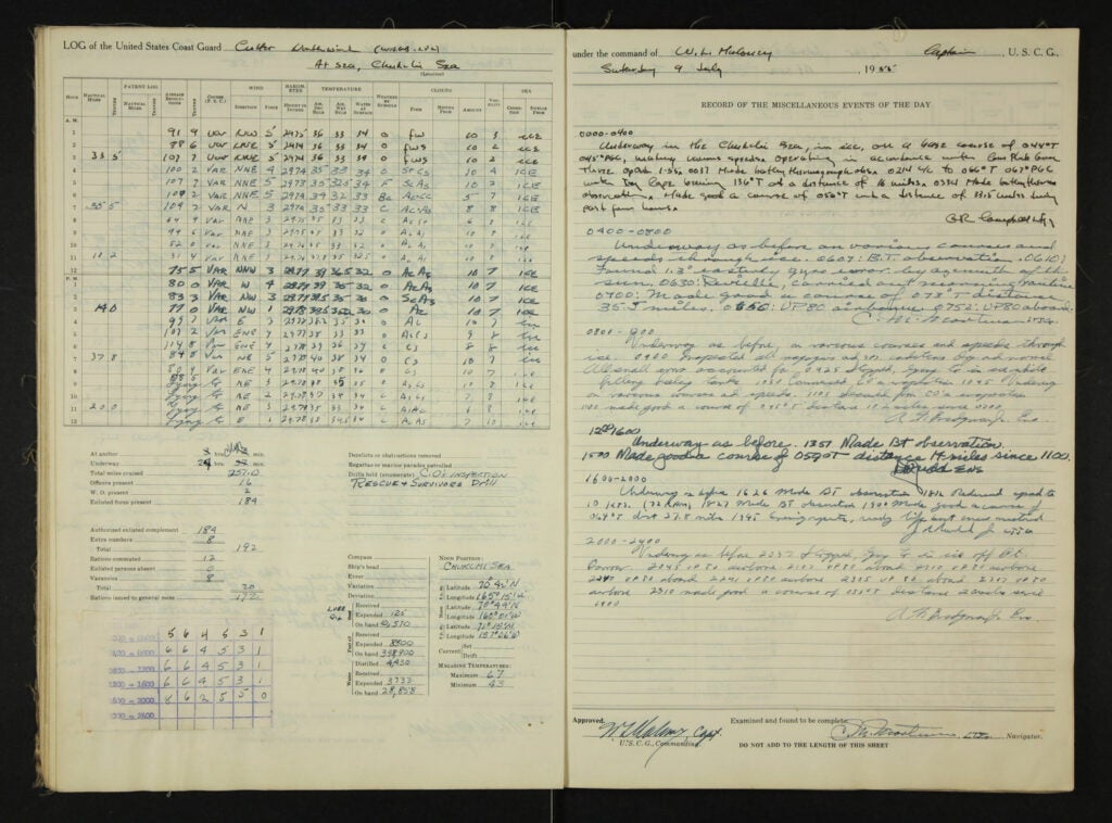 excerpt from the 1955 logbook of the cutter Northwind