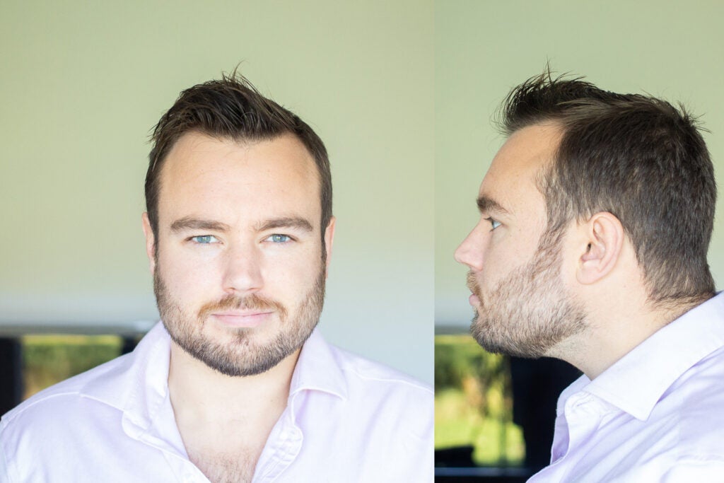 composition of frontal portrait of a man and lateral portrait of a man elongating the neck