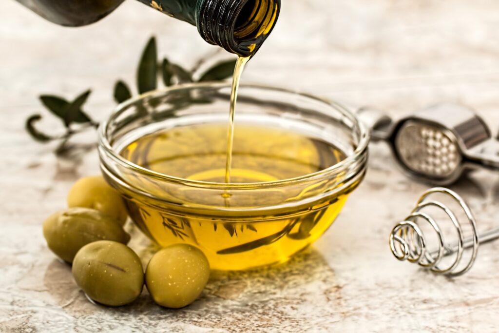 glass bowl of olive oil