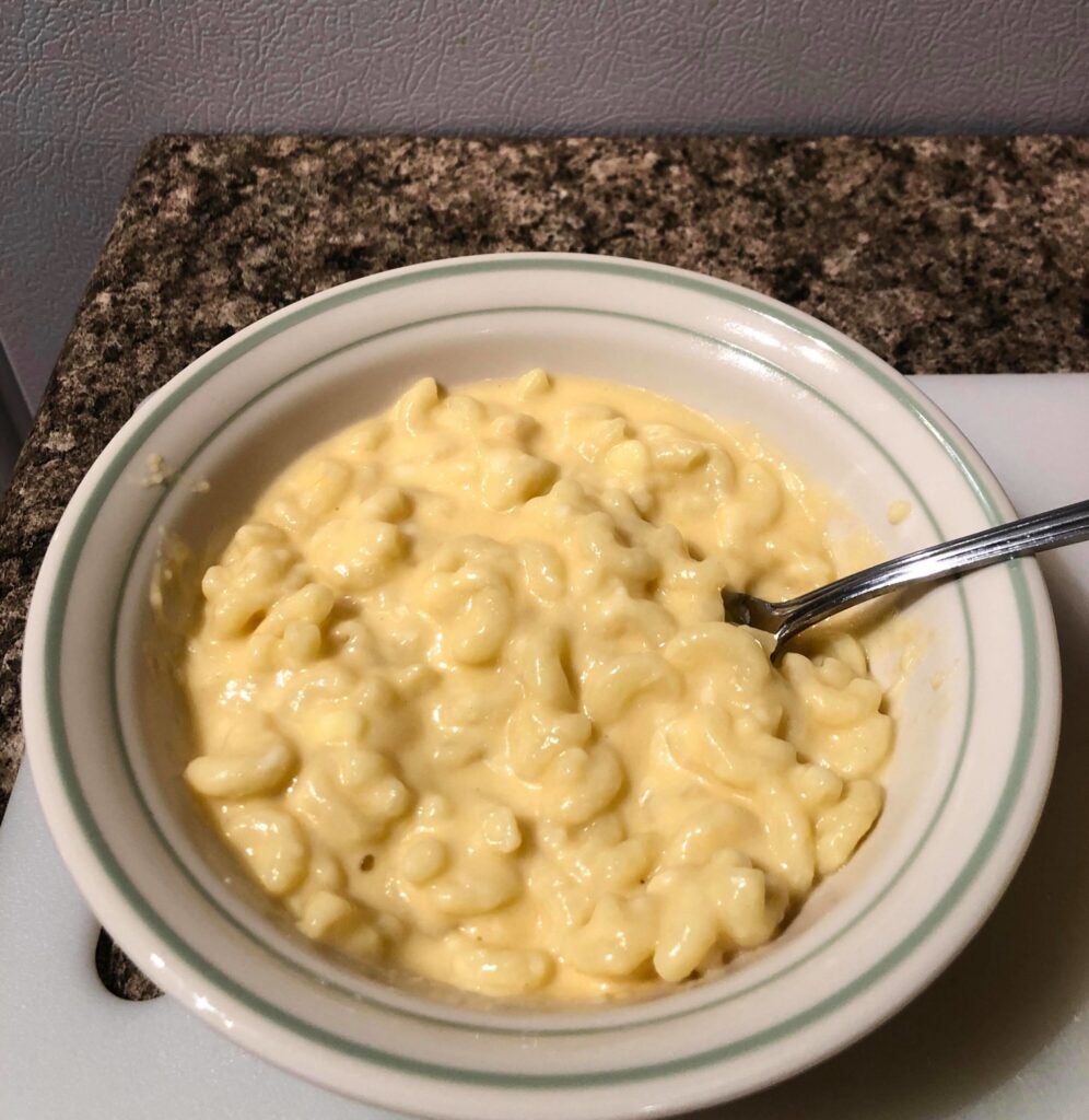 a bowl of mac and cheese made sous-vide in two bags