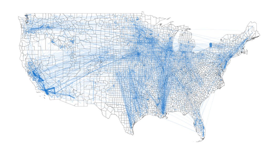 map shows how food flows between counties in the U.S.