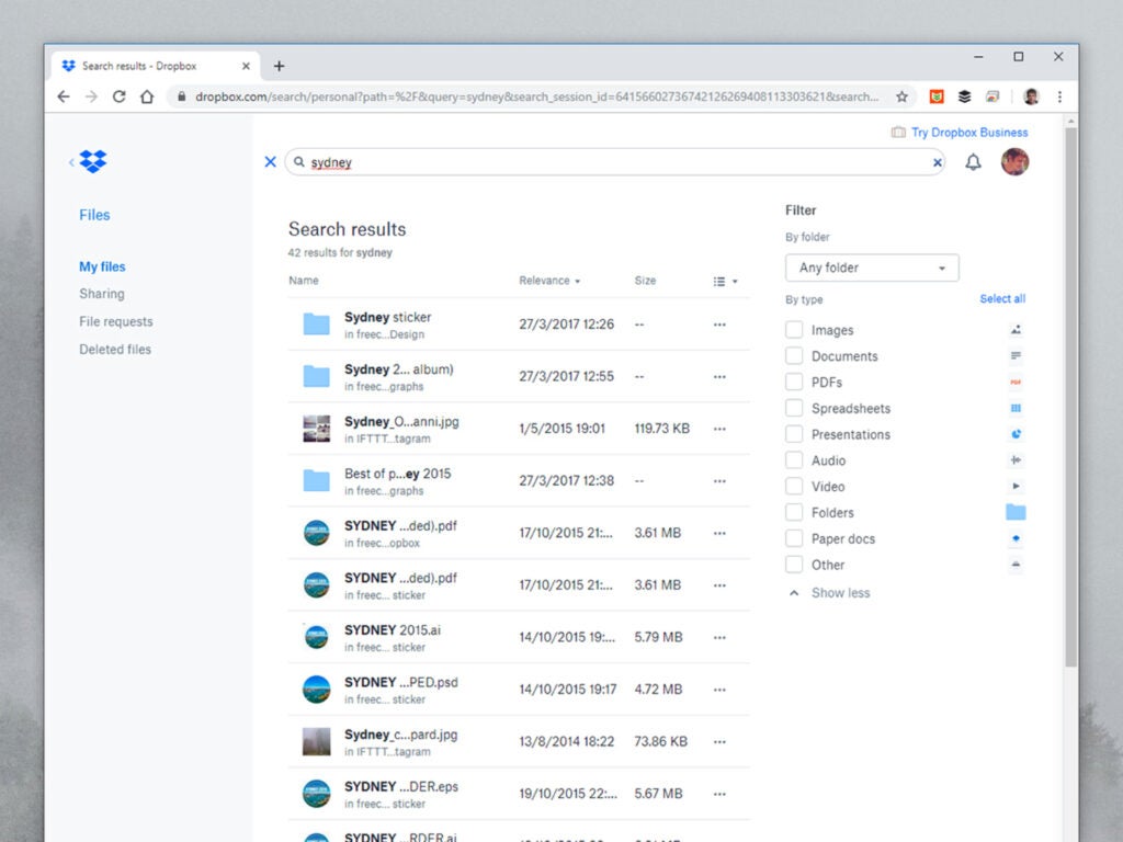 screenshot of filesearch platform on dropbox