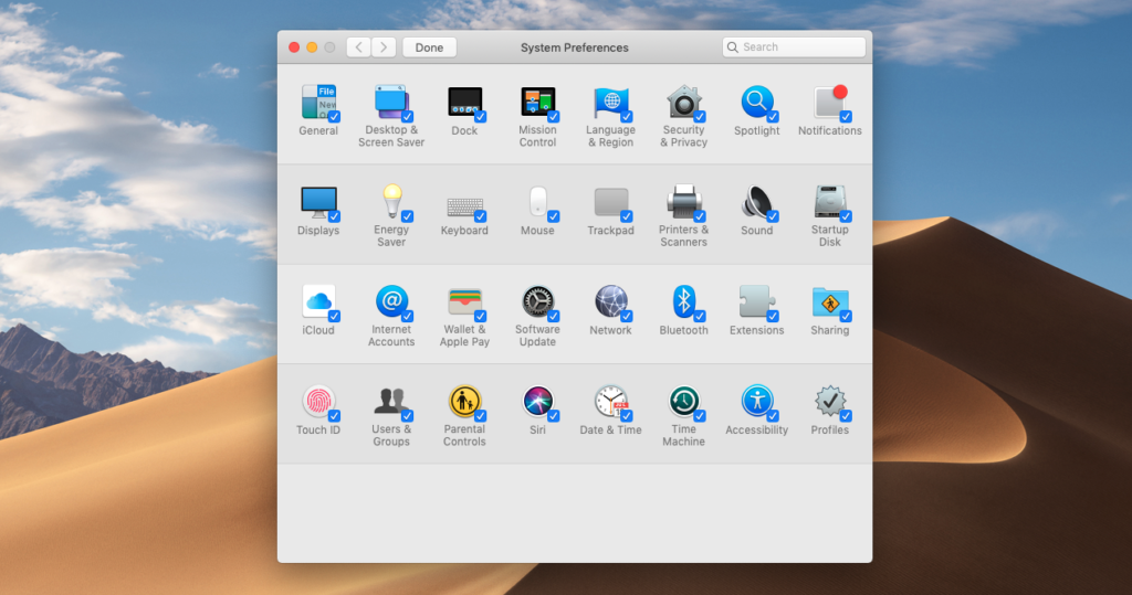 Capture d'écran de la personnalisation des préférences système sur Mac