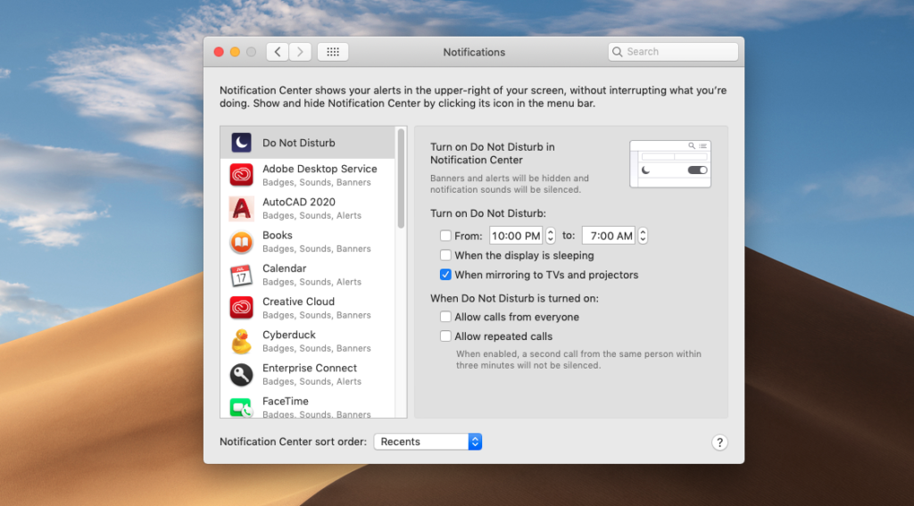 Capture d'écran du paramètre Ne pas déranger sur Mac OS