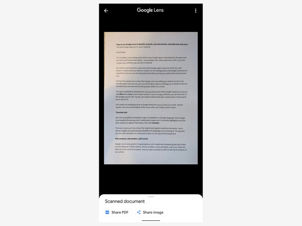 A screen capture of Google Lens's document-scan feature