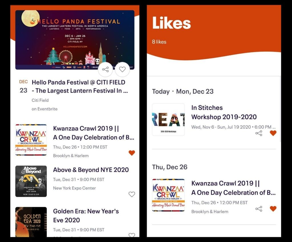 screenshots of the Eventbrite app with events favorited and liked and on a list of likes