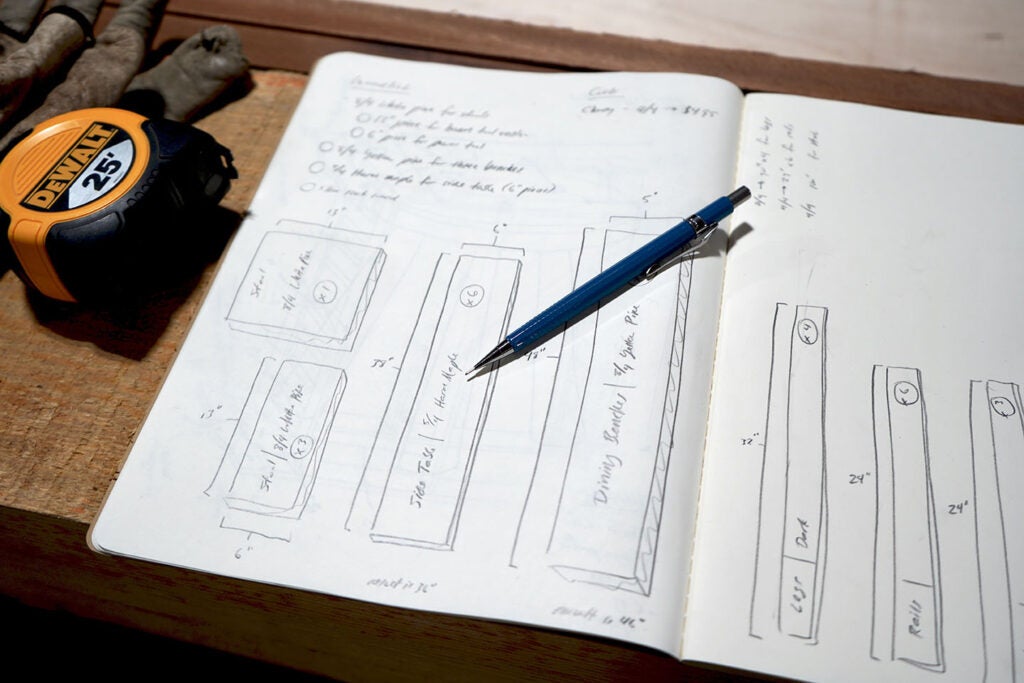a notebook with plans for a three-legged stool made out of wood