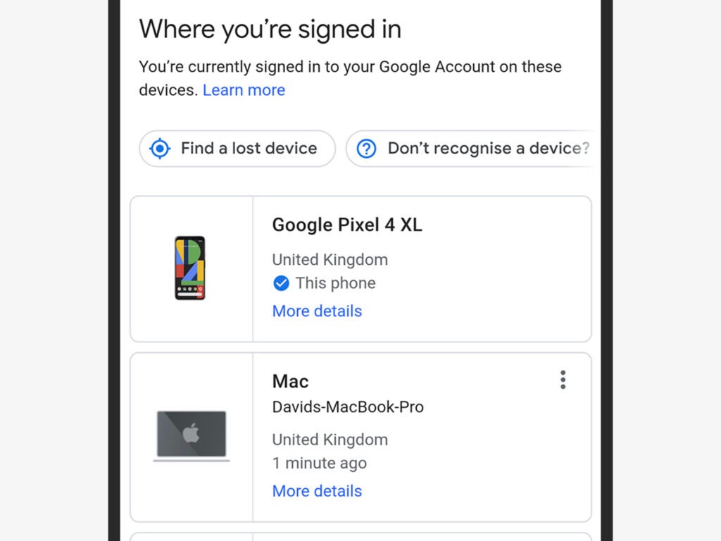 Google's account security settings showing where you're signed in.