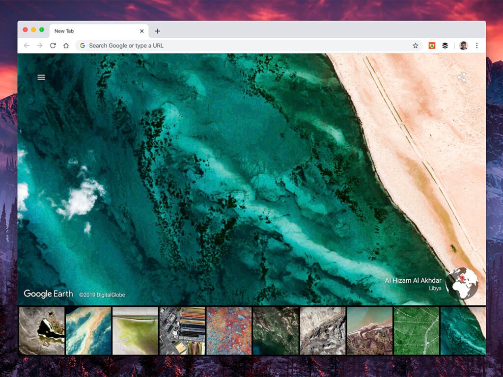 a screenshot of a new tab in Google Chrome showing an image of a place on Earth with the Earth View browser extension