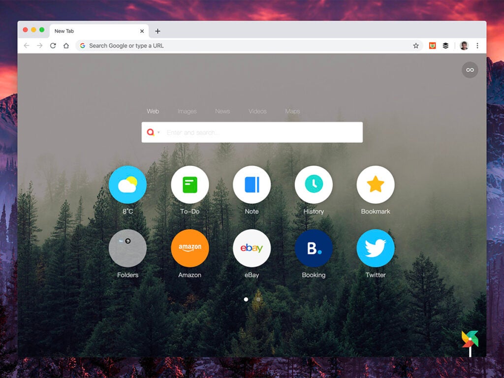 a screenshot of the new tab page browser extension Infinity New Tab Pro in Google Chrome