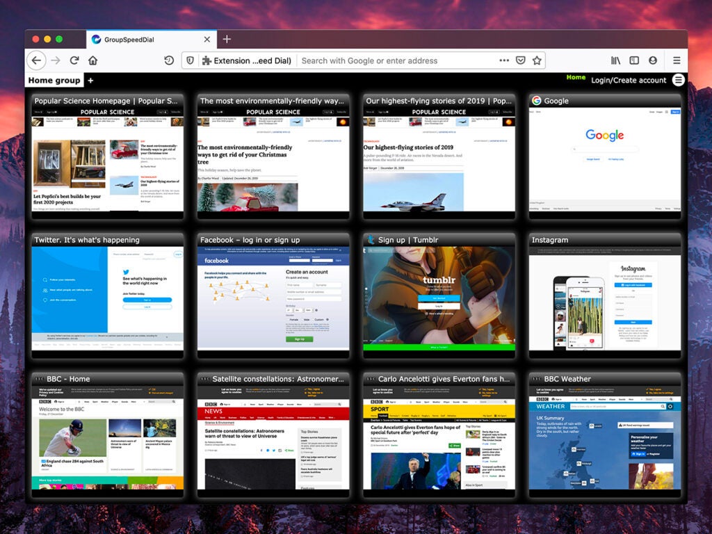 a screenshot of the new tab page browser extension Group Speed Dial in Google Chrome