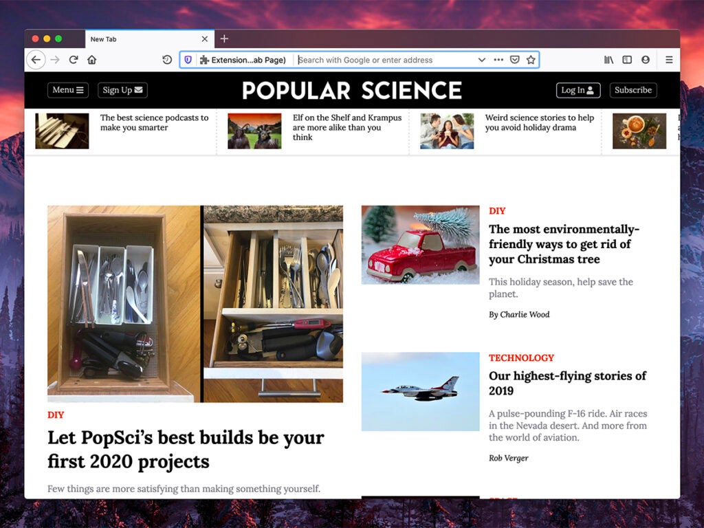 a screenshot of new tab page browser extension Custom New Tab Page with Popular Science as the default website, in Google Chrome