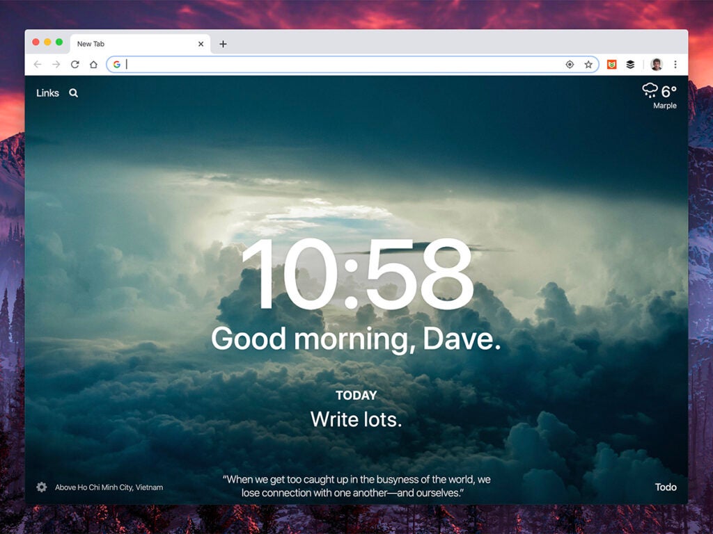 a screenshot of the new tab page browser extension Momentum in Google Chrome