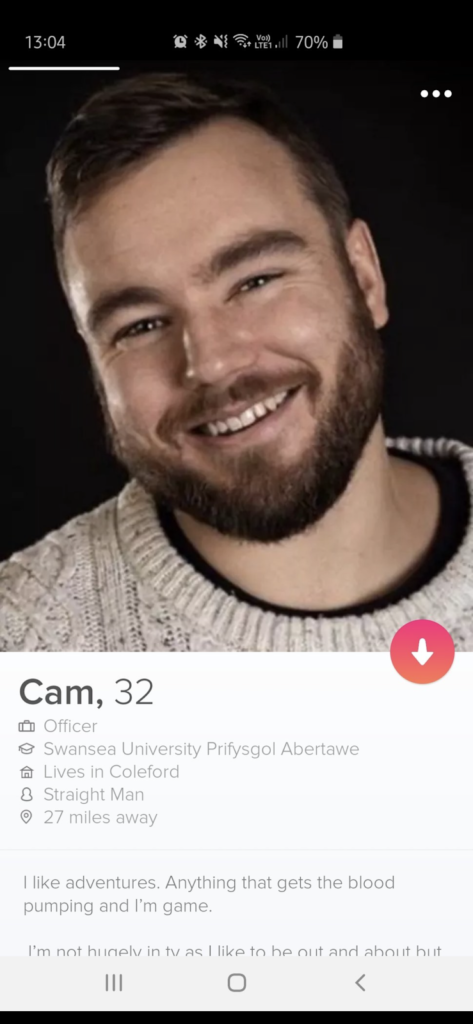 A catfish Tinder profile for a person named Cam.