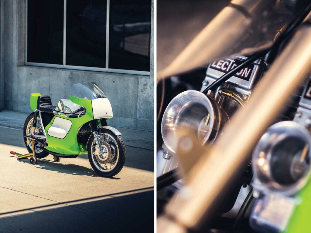 This 1974 Seeley-Kawasaki is powered by a two-stroke H2R 750cc inline-three with a Colin Seeley-produced chassis.