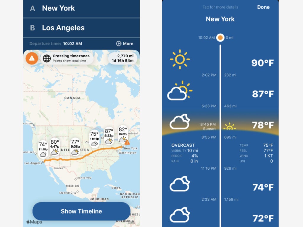 Weather on the Way's iOS interface, showing weather forecasts along a driving route from New York City to Los Angeles.