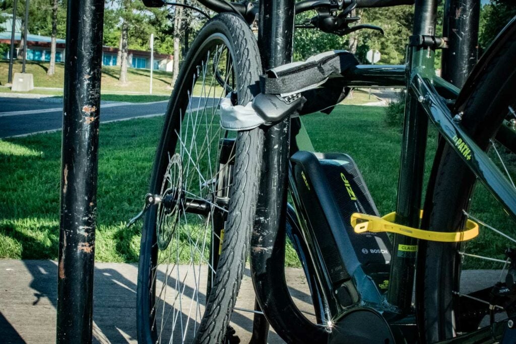 bike lock on front frame of ebike