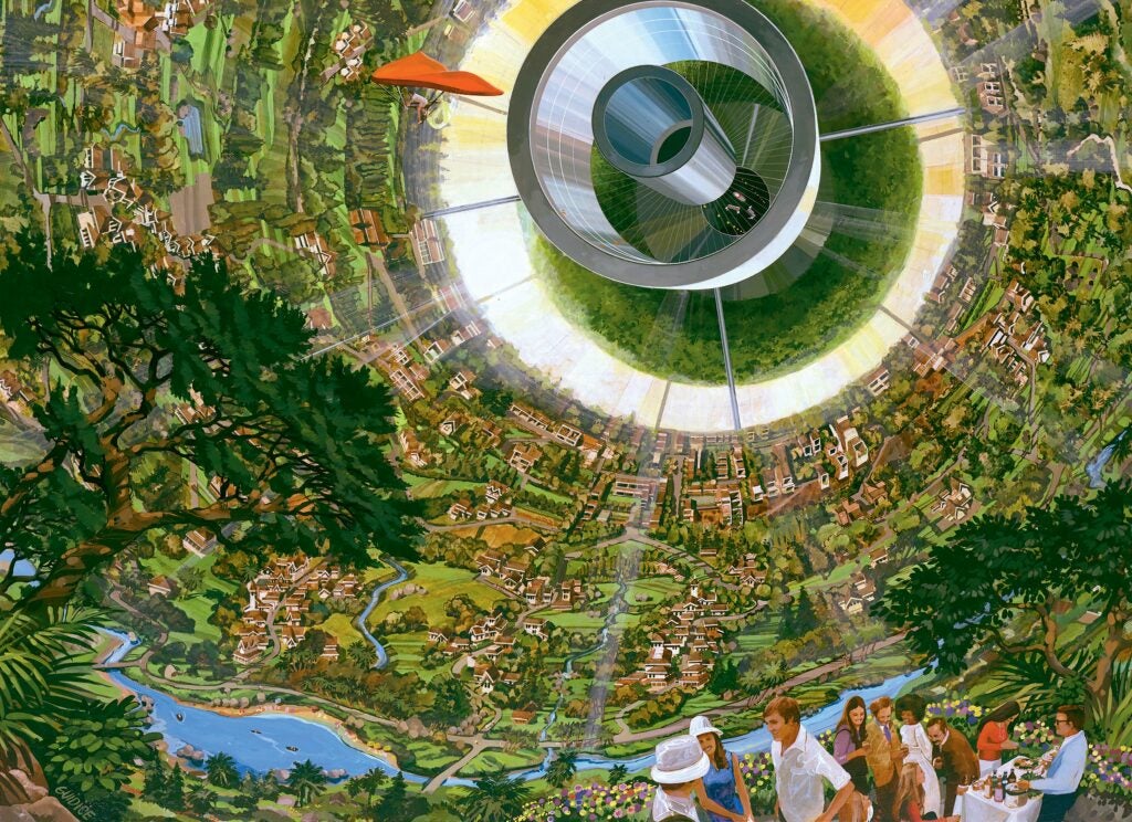 ARTIST: Rick Guidice Space Colonization; inside the sphere gravity is strongest along the equator. as on moves toward the center gravity lessens and one could fly easily. Sunlight enters as shown by the large fuzzy ring. The central tube connects to other sections of the colony.