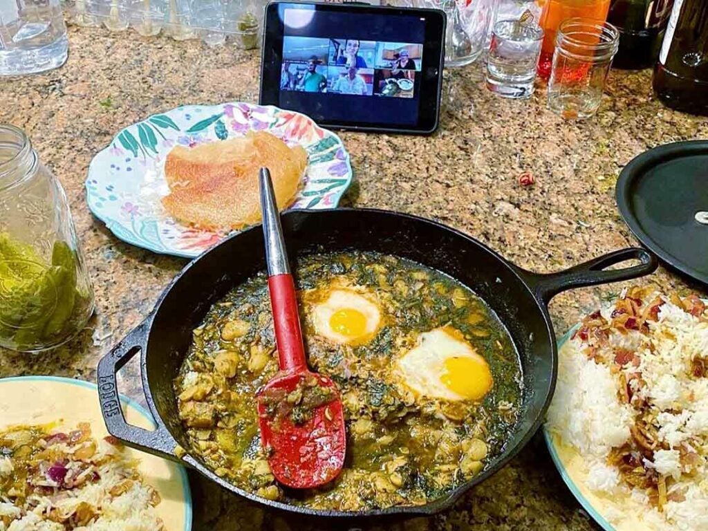Remote learners make baghali ghatogh—Mab Abbasgholizadeh’s spiced fava beans with dill and eggs—from the comfort of their own kitchens.