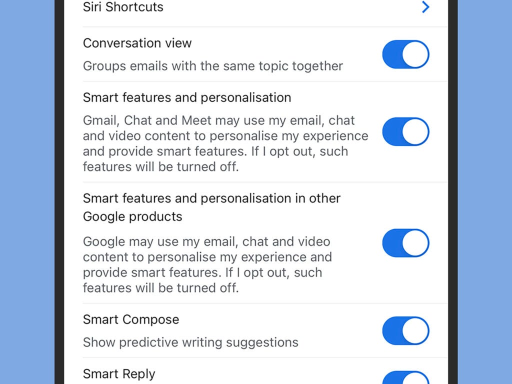 a screenshot of the privacy settings in the Gmail app