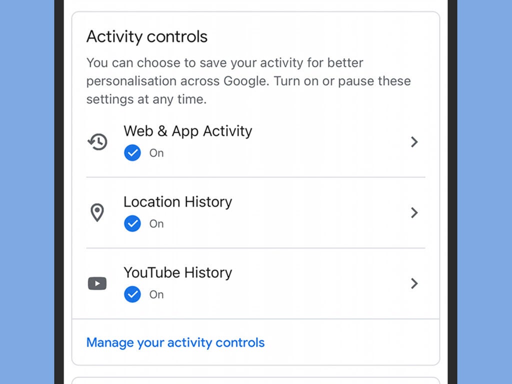 a screenshot of Google account privacy settings