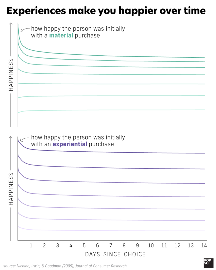 graph showing that happiness decreases over time with almost any purchase, but especially with material goods.