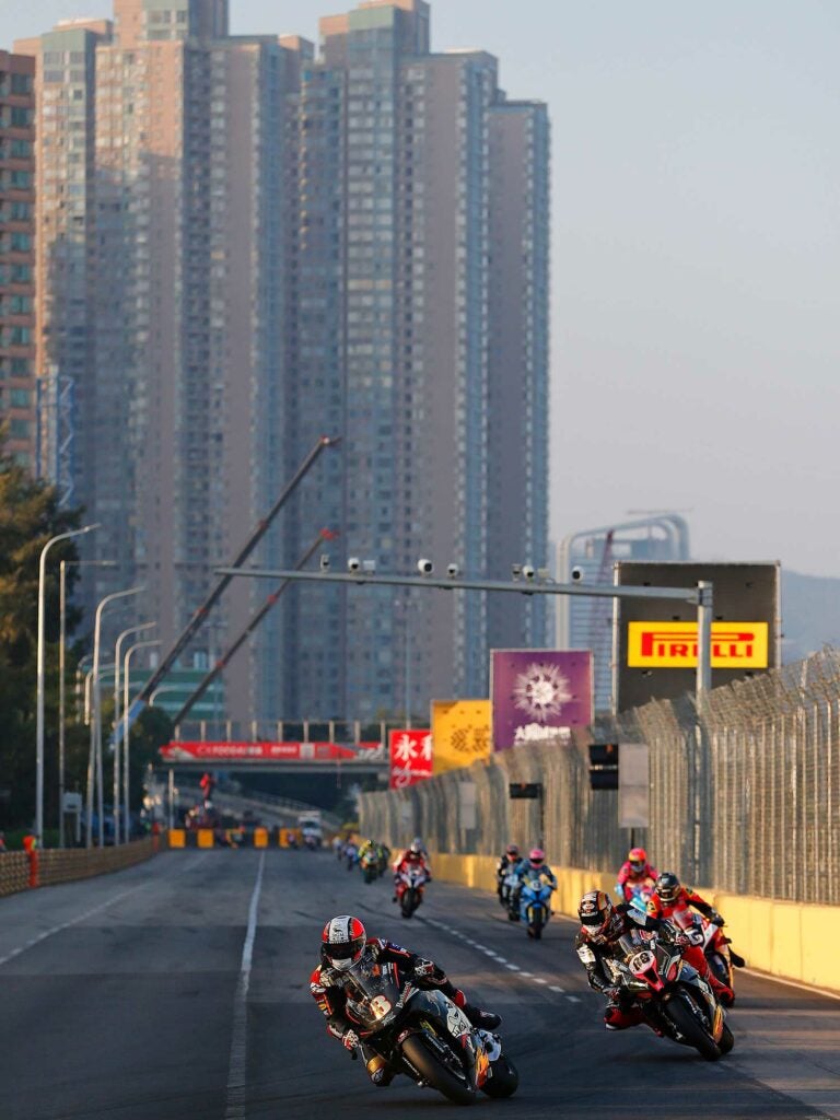 Multi-time Macau GP champ, Michael Rutter leads the race on the iconic RC213V-S Honda.